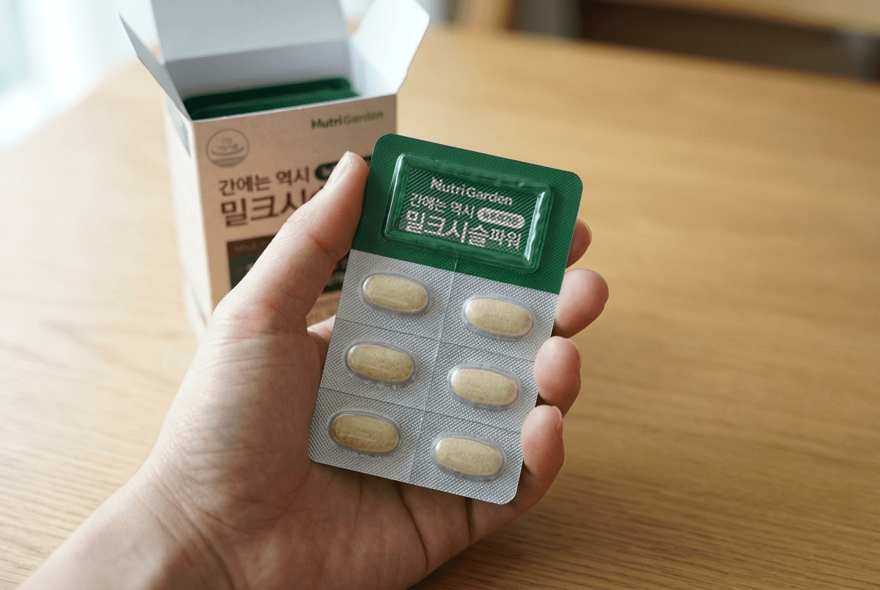 뉴트리가든 밀크시슬파워 박스를 열어 초록색 PTP 포장과 타원형 정제가 가지런히 놓여 있는 모습, 한 손에 쥐기 좋은 크기를 보여주는 사진.