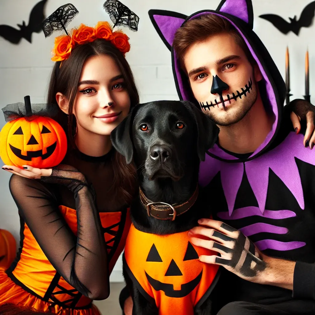 애완동물과 함께하는 커플 할로윈 시각적 이미지