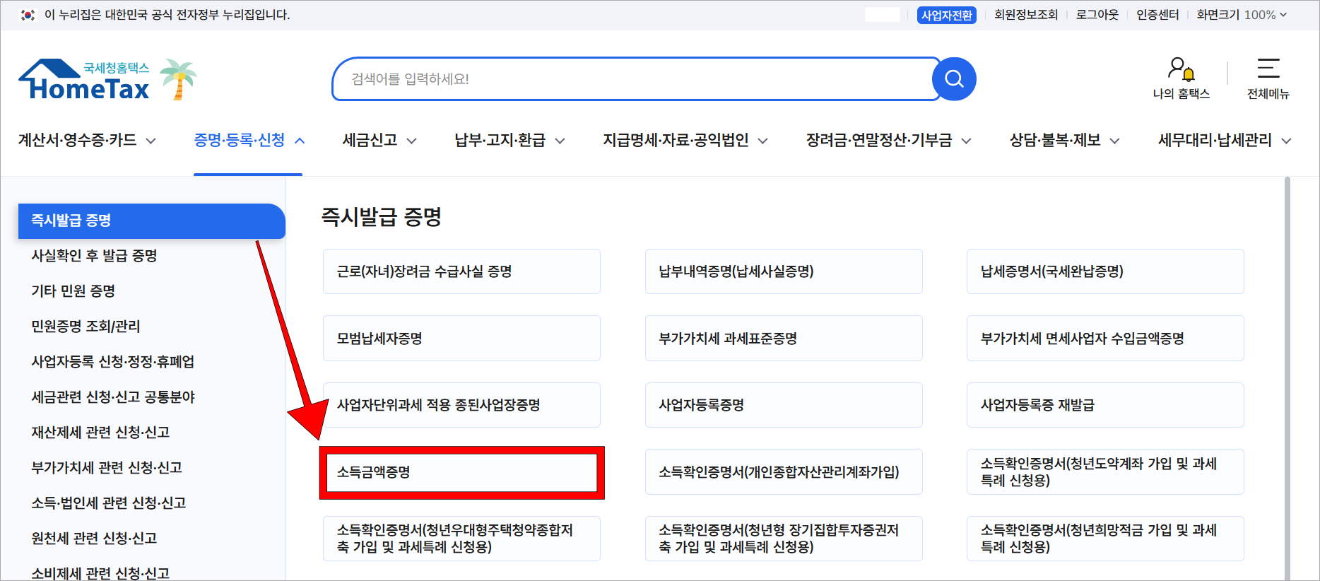 세부 메뉴에서 즉시발급 증명의 '소득금액증명'을 선택
