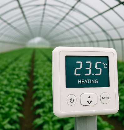 온실 속 작물과 함께 설치된 자동 온도 조절 장치