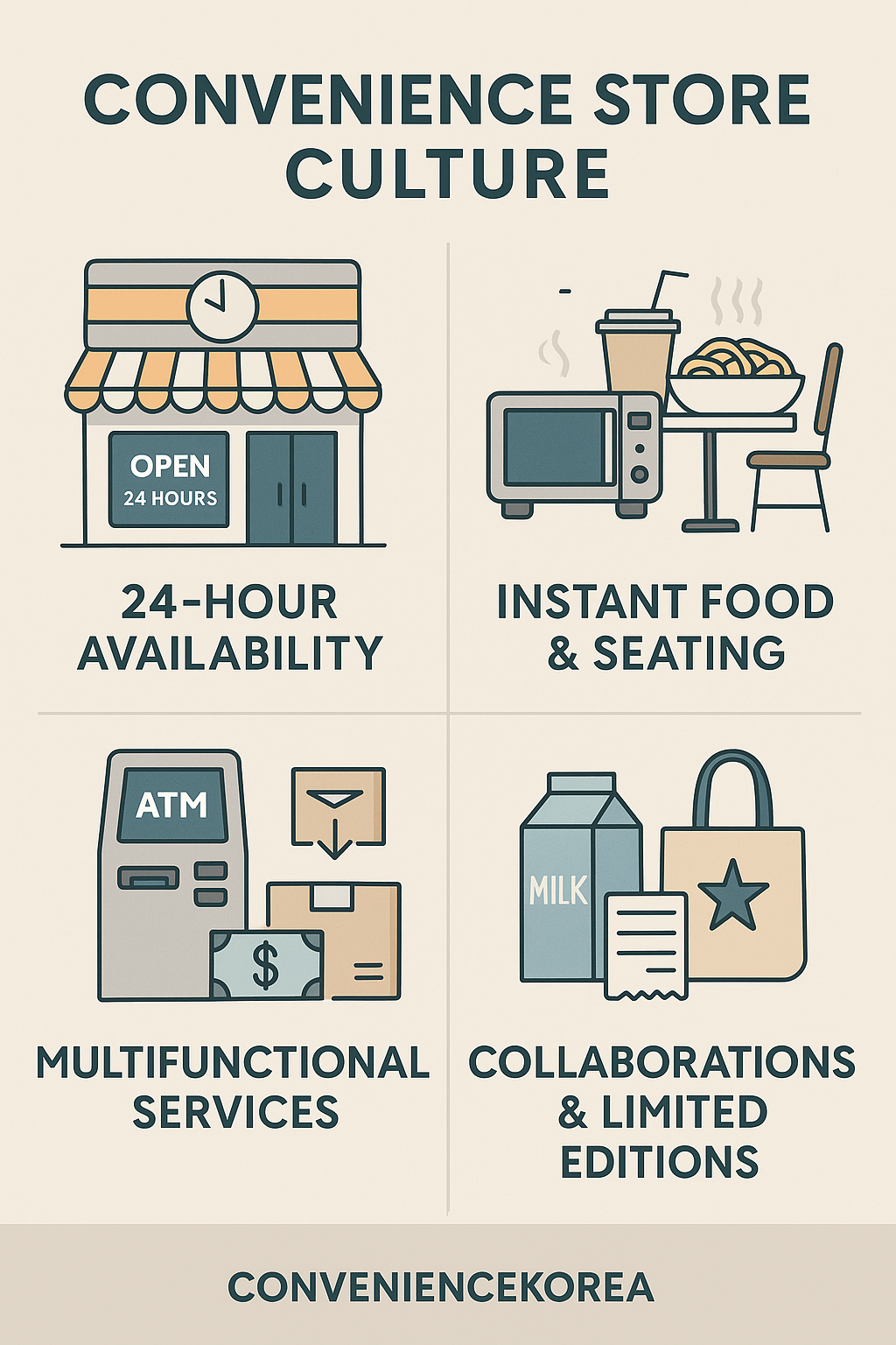 An infographic illustrating unique aspects of South Korean convenience store culture, including 24-hour availability, instant food and seating, multifunctional services like ATM and parcel drop, and limited-edition product collaborations