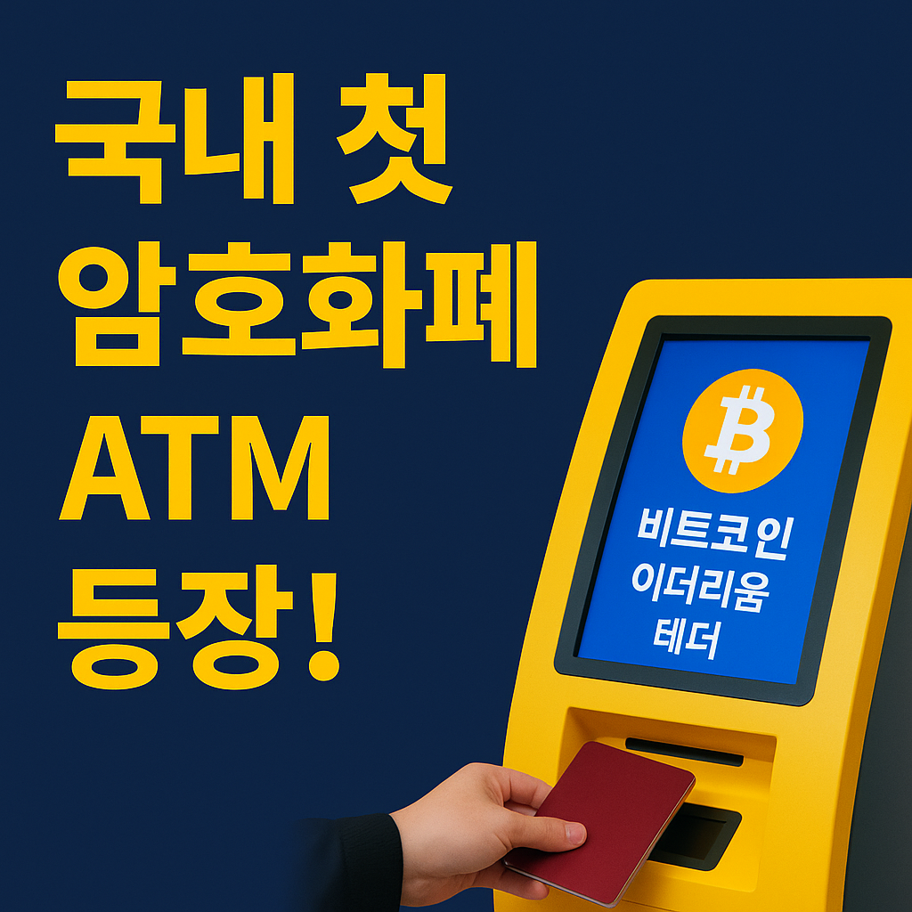 국내 첫 암호화폐 ATM 등장 문구와 비트코인, 이더리움, 테더를 지원하는 ATM을 여권으로 사용하는 모습