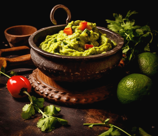 도자기 그릇에 연두색의 와사비가 한가득 담겨있고, 그릇 옆에는 라임 2개와 푸른 야채들이 있다.