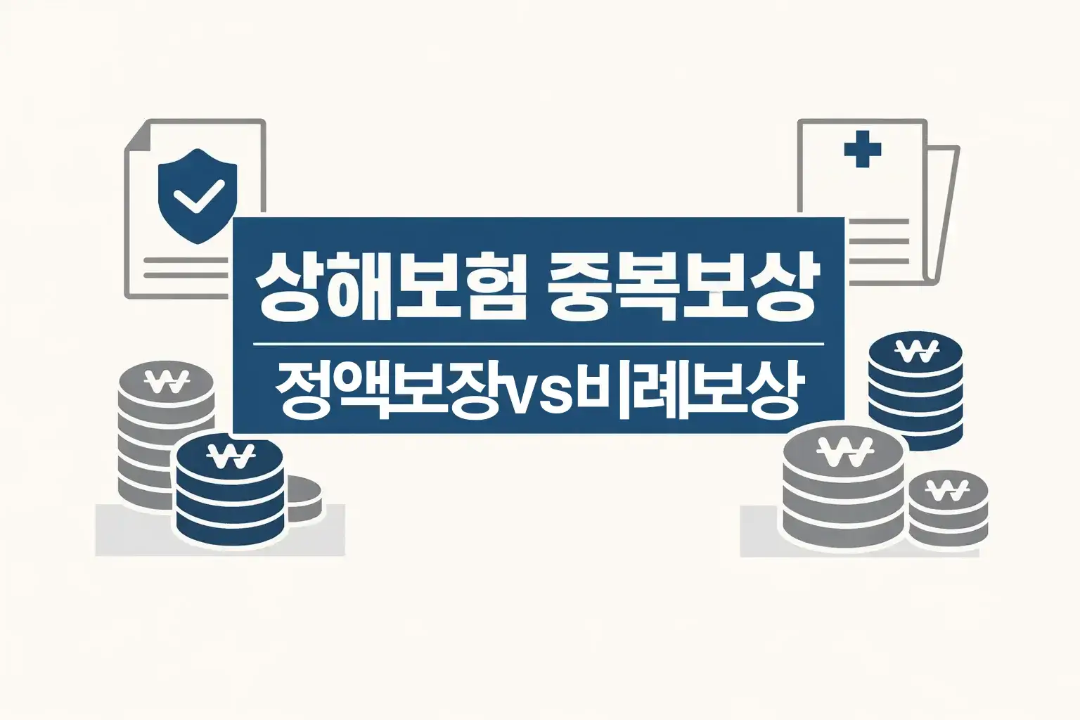 상해보험 중복보상에서 정액보장과 비례보상 차이를 청구서와 보장 아이콘으로 대비해 핵심 구조를 보여주는 이미지