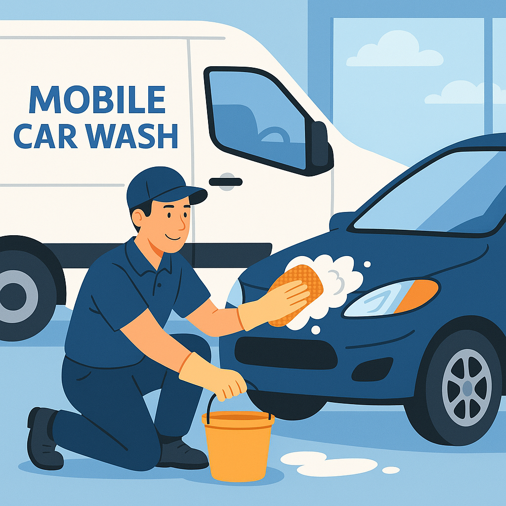 모바일 세차차량 앞에서 무릎을 꿇고 어두운 파란색 승용차를 닦고 있는 젊은 남성 세차원이 장갑을 끼고 스펀지를 사용해 본넷을 세차하는 모습의 평면 일러스트