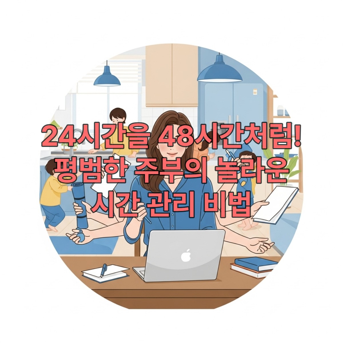 시간을 효율적으로 관리하며 여유롭게 미소 짓는 한국인 주부의 모습. 한 손에는 커피를 들고 다른 한 손으로는 노트북을 가볍게 터치하며, 뒤로는 정돈된 집과 즐겁게 노는 아이들의 모습이 보인다. 평온하고 만족스러운 하루를 보내는 주부의 모습.