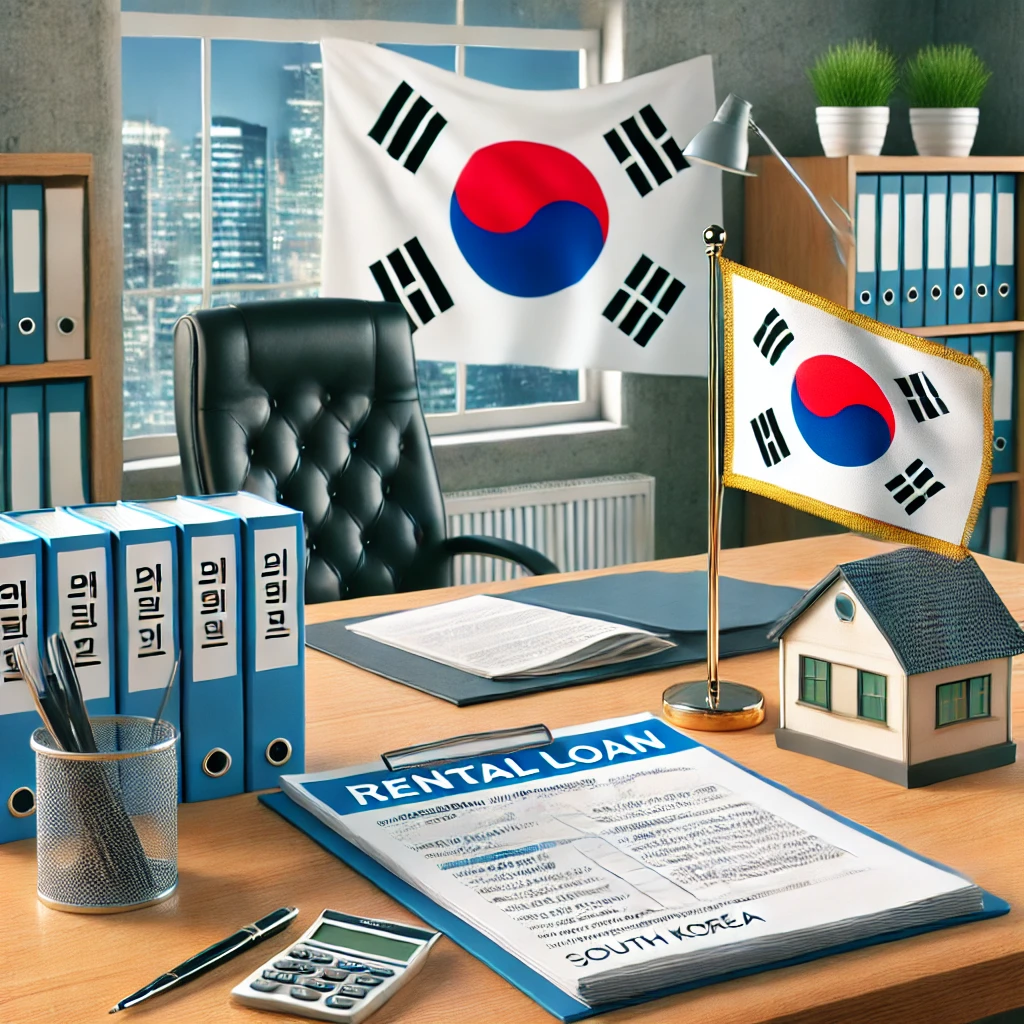 한국 국기가 있는 정부 기관 내부와 전세대출 안내 브로슈어