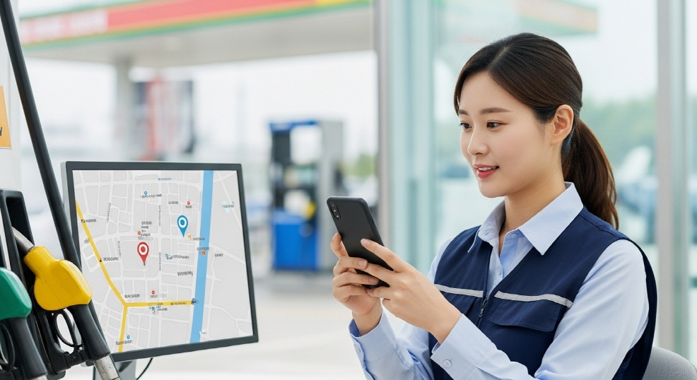 앱 지도를 보며 주유소 위치 확인하는 직장인 여성