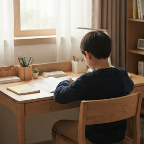 책상 앞에서 멈춰 있는 아들의 뒷모습