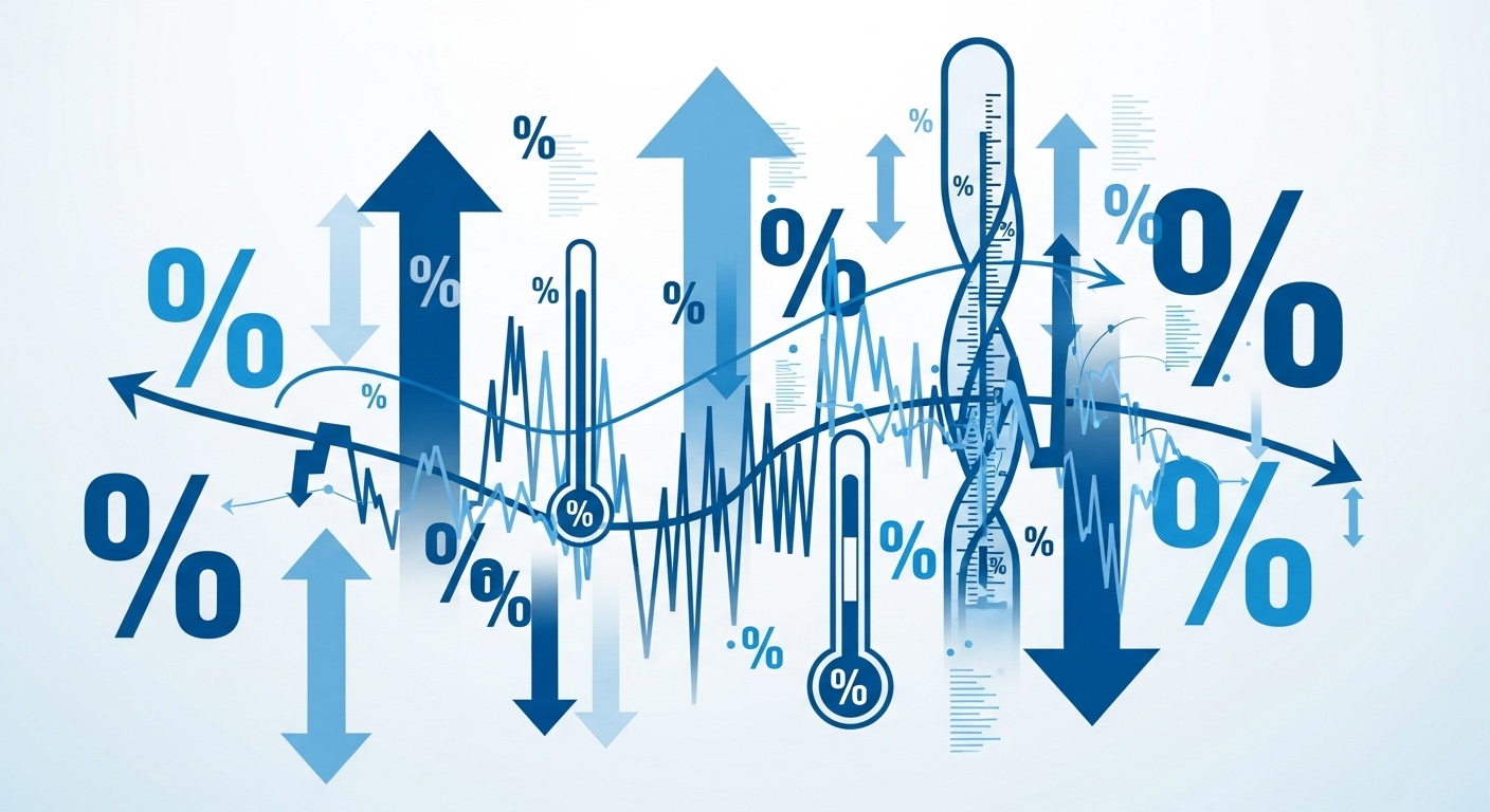 인플레이션의 복잡한 추이를 나타내는 추상적인 그래픽. 상승과 하락을 반복하는 물가 지표와 파란색 계열의 차트.