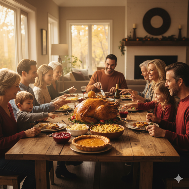 온 가족이 모여 즐겁게 식사하는 모습