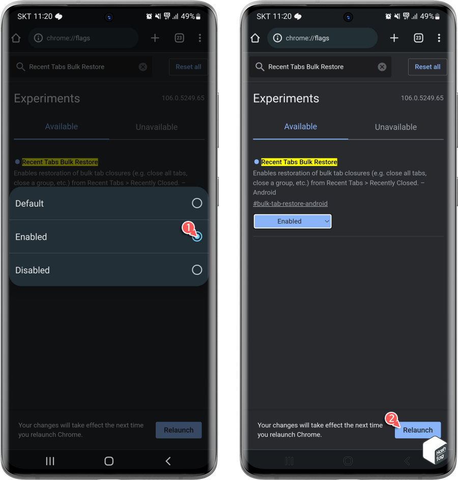 크롬 이전 버전 사용자 > chrome://flags 페이지에서 Recent Tabs Bulk Restore 플래그 활성화 필요