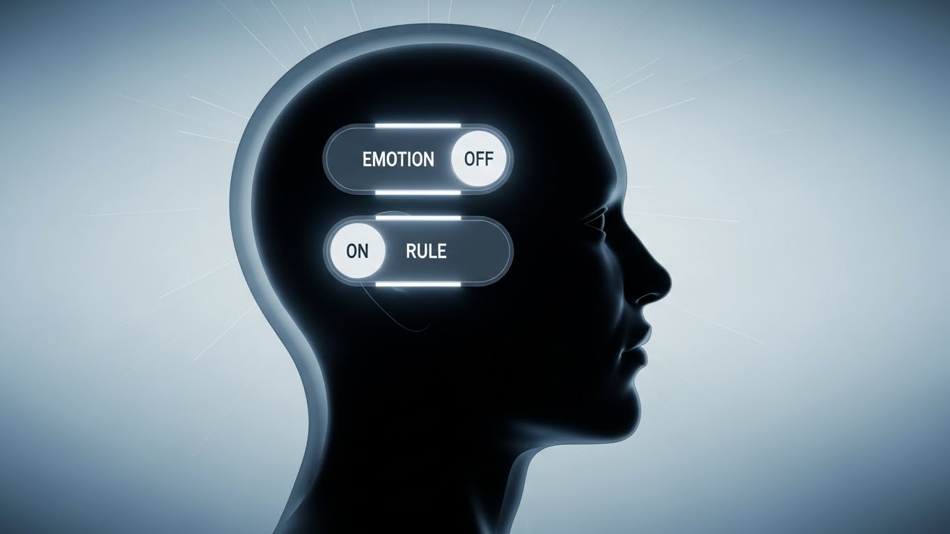 머릿속에 '감정(Emotion)' 스위치는 꺼져 있고(OFF), '원칙(Rule)' 스위치만 켜져 있는(ON) 사람의 옆모습 실루엣. 차분하고 냉철한 분위기.
