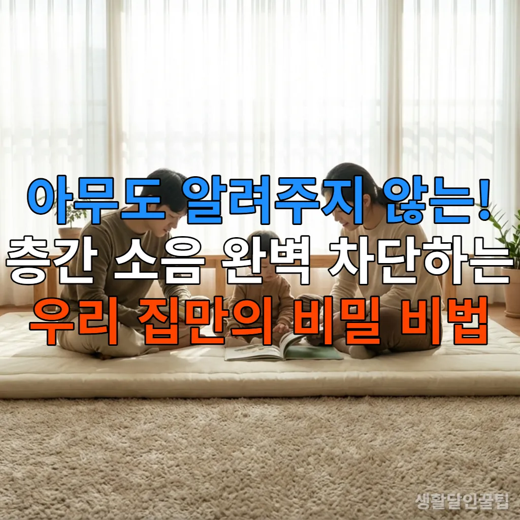 조용하고 편안한 분위기의 현대 한국 아파트 거실에서 가족이 층간 소음 방지 매트 위에서 휴식하는 모습