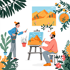 야외 풍경 속에서 그림을 그리는 화가의 모습. 예술활동을 통한 실제 작업 현장을 보여주는 창작 활동 장면