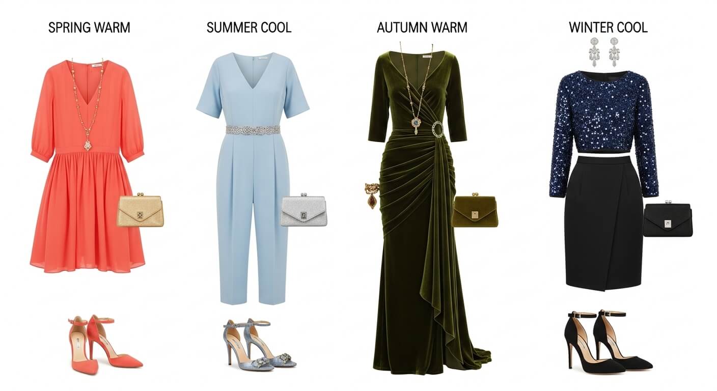 봄 웜, 여름 쿨, 가을 웜, 겨울 쿨 각 퍼스널 컬러 타입에 맞는 2025년 연말 모임 룩이 플랫 레이로 연출된 모습.