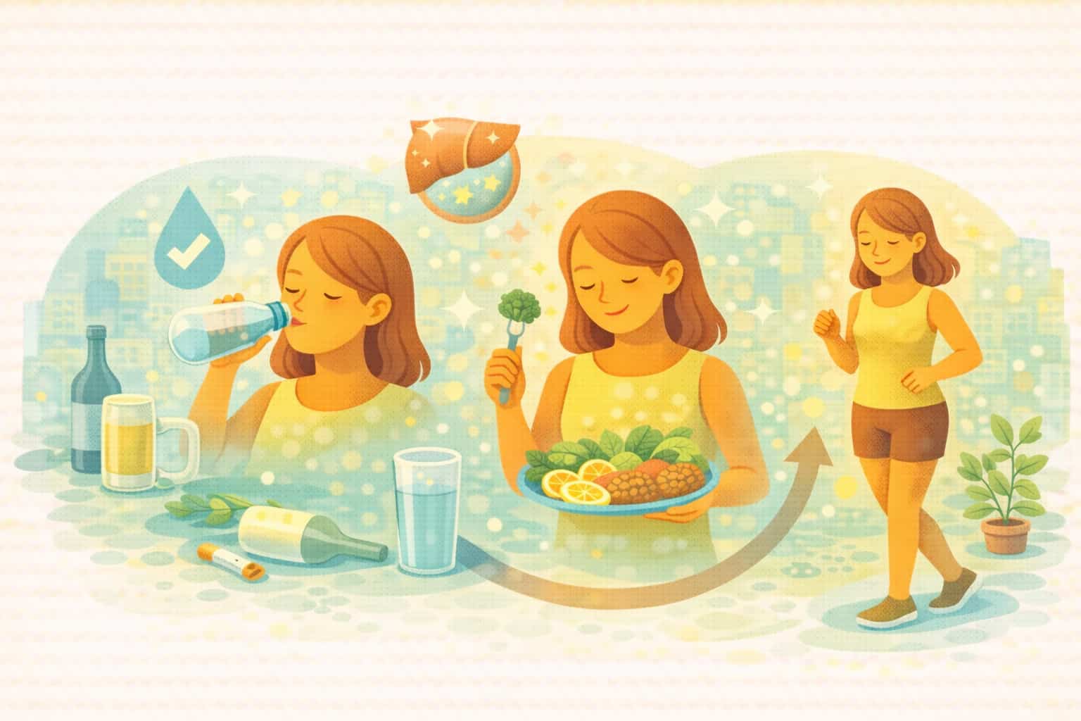 수분 보충과 간 해독 식단, 가벼운 활동으로 음주 다음 날 회복을 실천하는 여성의 일러스트