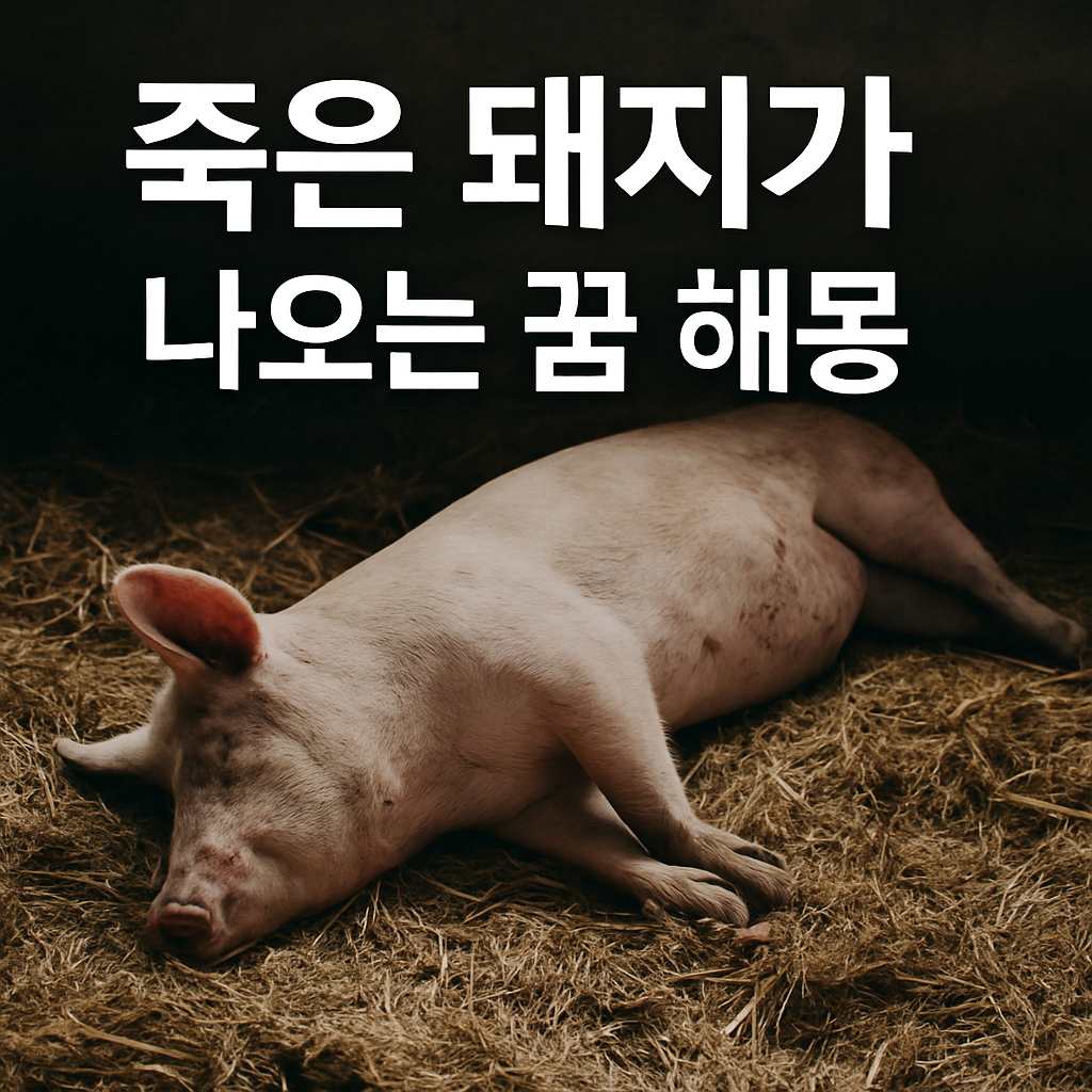 죽은 돼지가 나오는 꿈 해몽 – 어두운 축사 안 짚 위에 누워 있는 죽은 돼지 한 마리의 모습