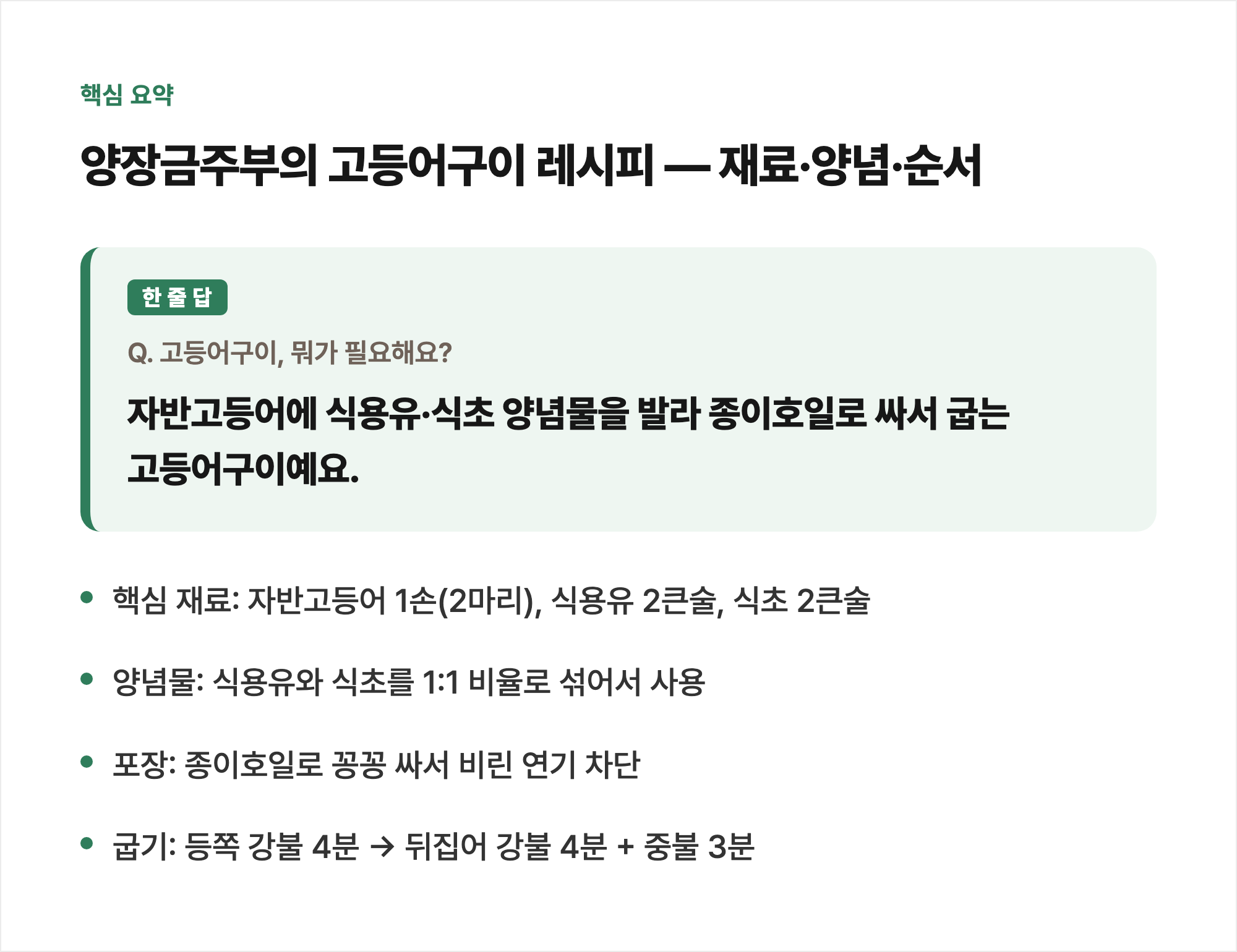 핵심 요약: 양장금주부의 고등어구이 레시피 — 재료·양념·순서