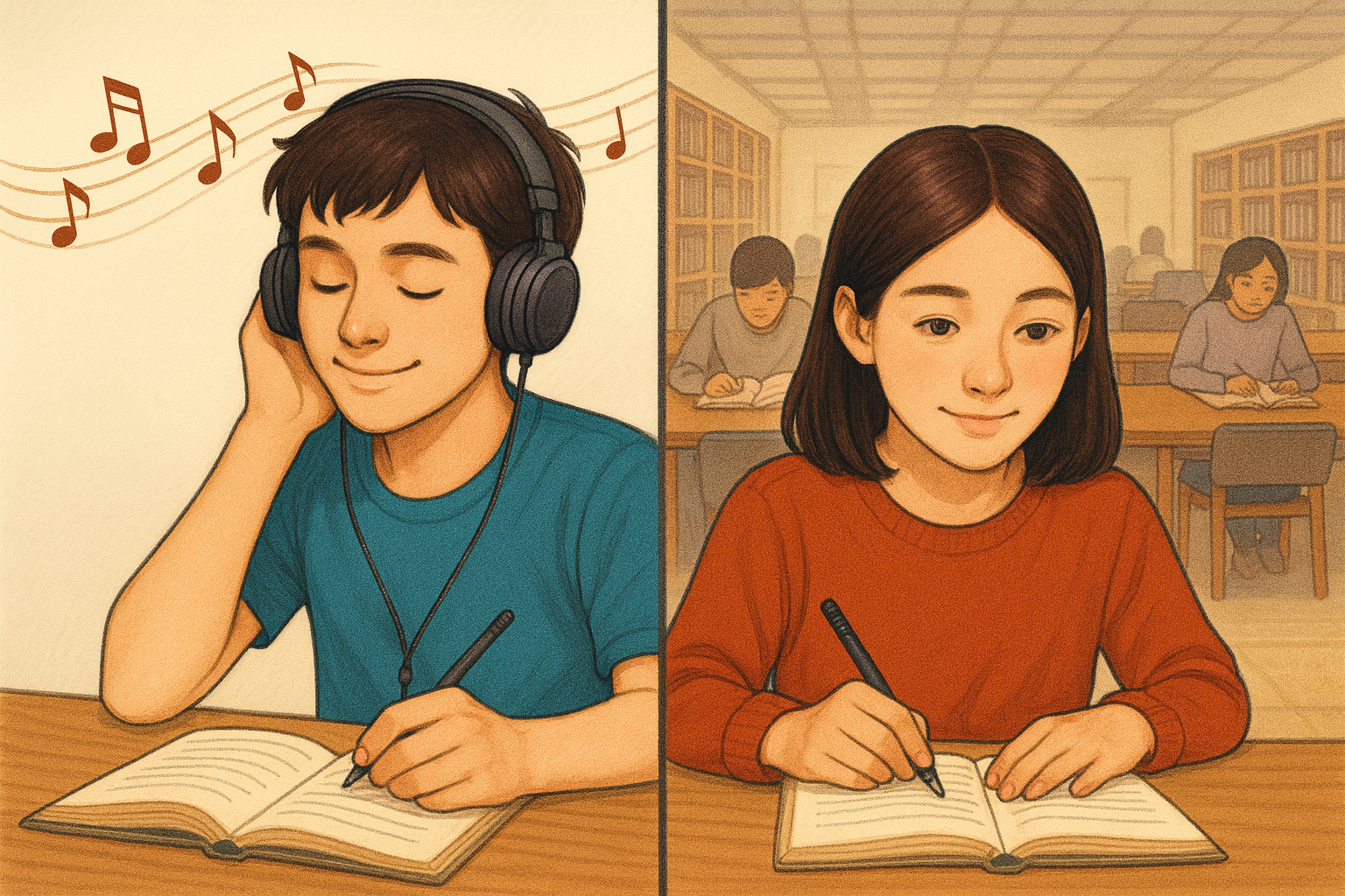 왼쪽엔 음악을 들으며 공부하는 학생, 오른쪽엔 도서관에서 무음으로 공부하는 학생의 모습
