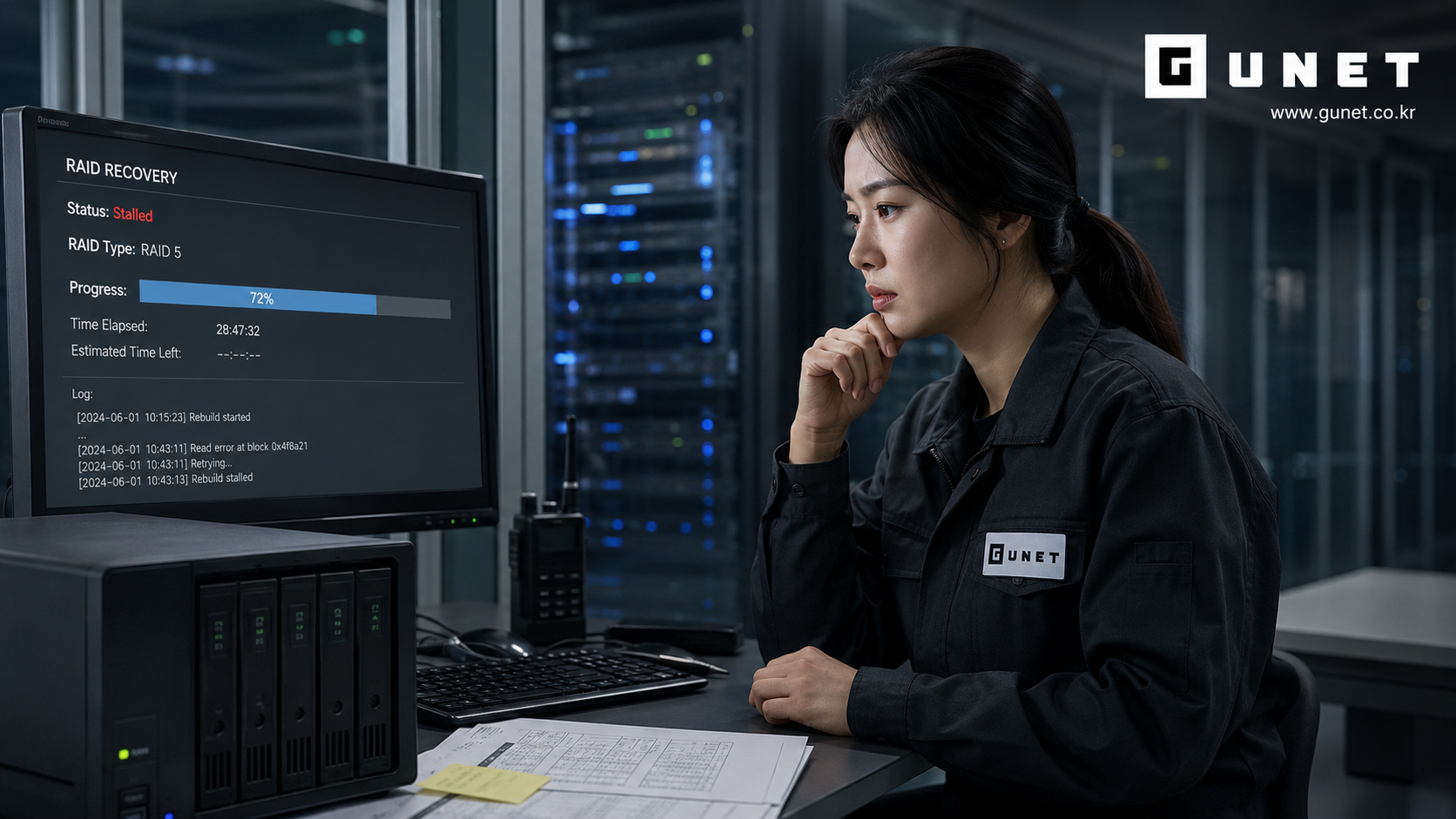 판교 사무실 NAS RAID 재빌드 중단 상태를 확인하고 복구 기준을 점검하는 장면