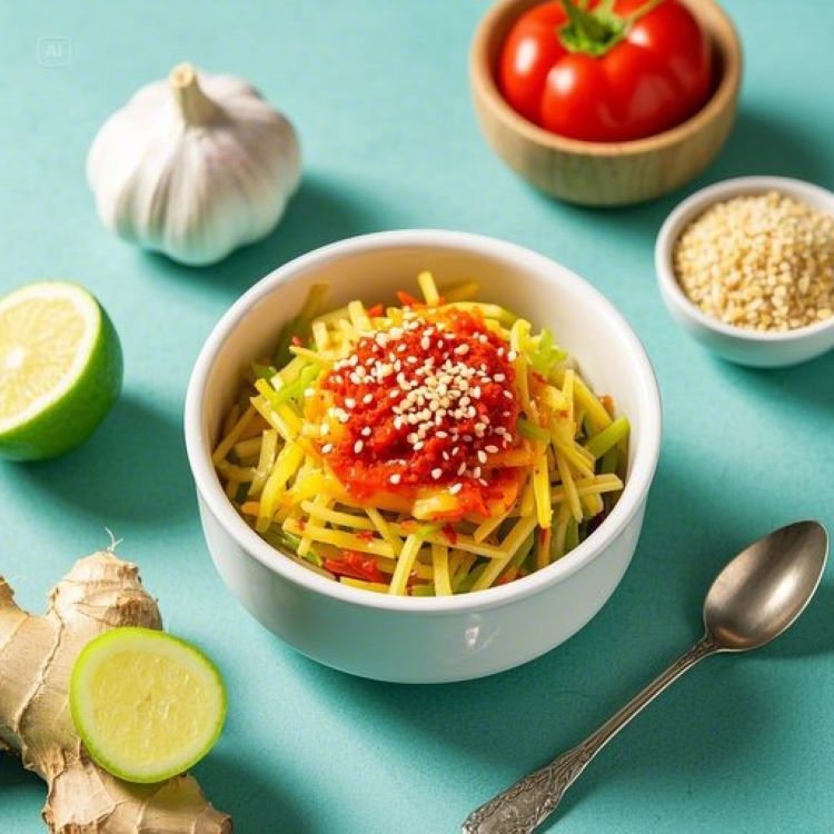 흰 그릇에 담긴 신선한 노각무침, 노란 노각이 고춧가루 양념에 빨갛게 물들어 있고 통깨가 고소하게 뿌려져 있는 모습. 배경에는 싱싱한 노각 원물과 마늘, 생강 등 양념 재료들이 자연스럽게 배치되어 있고, 여름철 시원한 느낌을 주는 밝고 깔끔한 주방 분위기