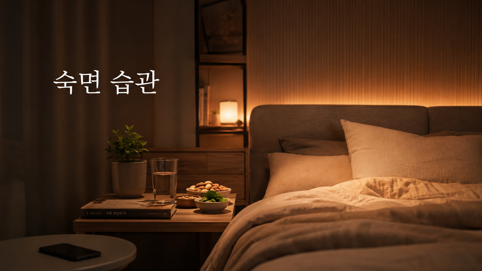 생체리듬 회복을 위한 조도 조절과 건강한 취침 환경을 보여주는 숙면 습관 이미지