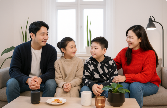 거실에서 따뜻하게 대화 중인 한국인 부모와 두 자녀의 모습