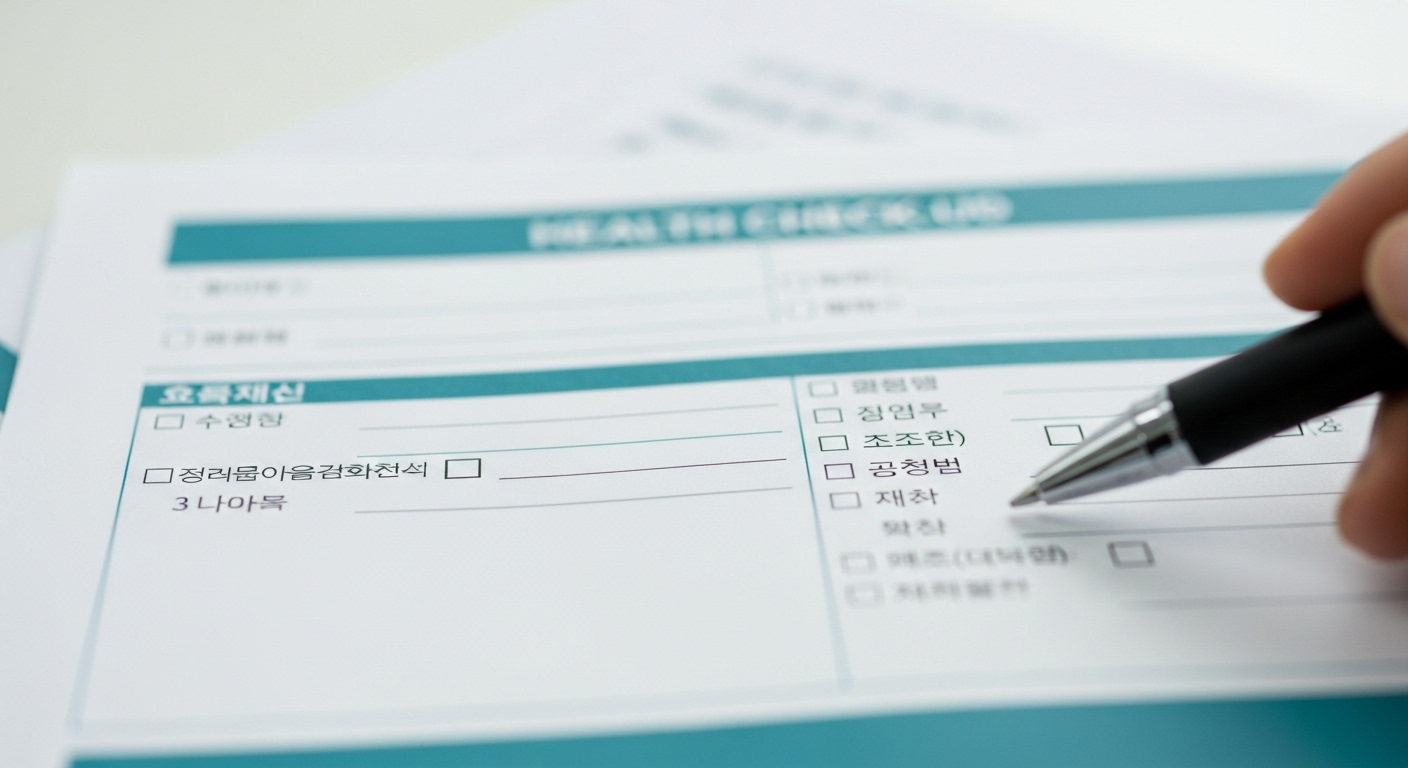 깔끔한 건강검진 문진표와 펜, 그리고 문진표를 작성하는 손. 검진 항목의 중요성을 시각적으로 나타냅니다.