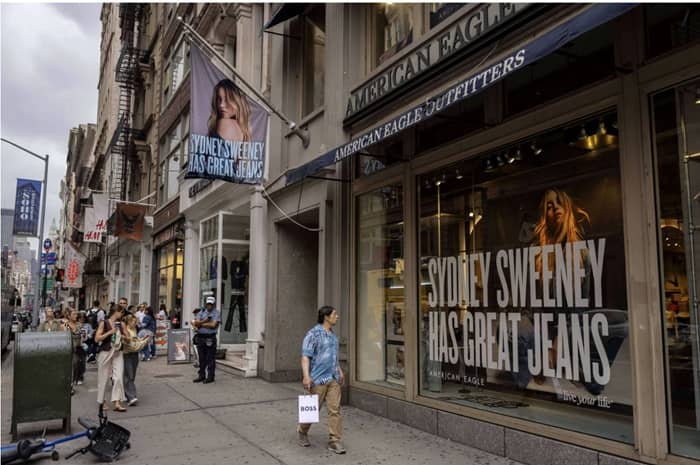 Shares of American Eagle Outfitters jumped 24% after President Trump praised the retailer’s recent ad campaign, shown on a storefront. Photo: Yuki Iwamura/AP