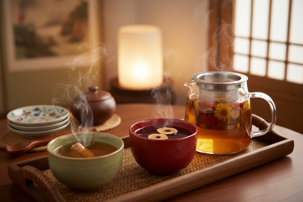 한국 전통 다다미 테이블 위에 도라지차, 대추차 등 전통차와 허브차가 여러 잔 나란히 놓인 모습