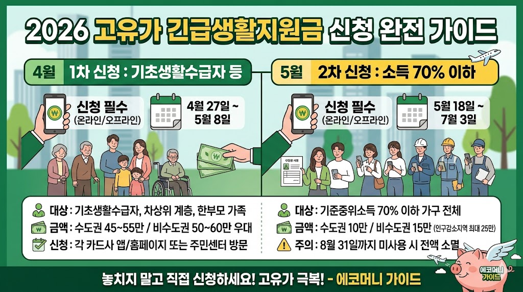 고유가 지원금 신청 타임라인 요약: 4월 수급자 1차 신청(4/27~5/8), 5월 소득 70% 이하 2차 신청(5/18~7/3) 기간 및 온 오프라인 접수 방법 안내 - 에코머니 가이드