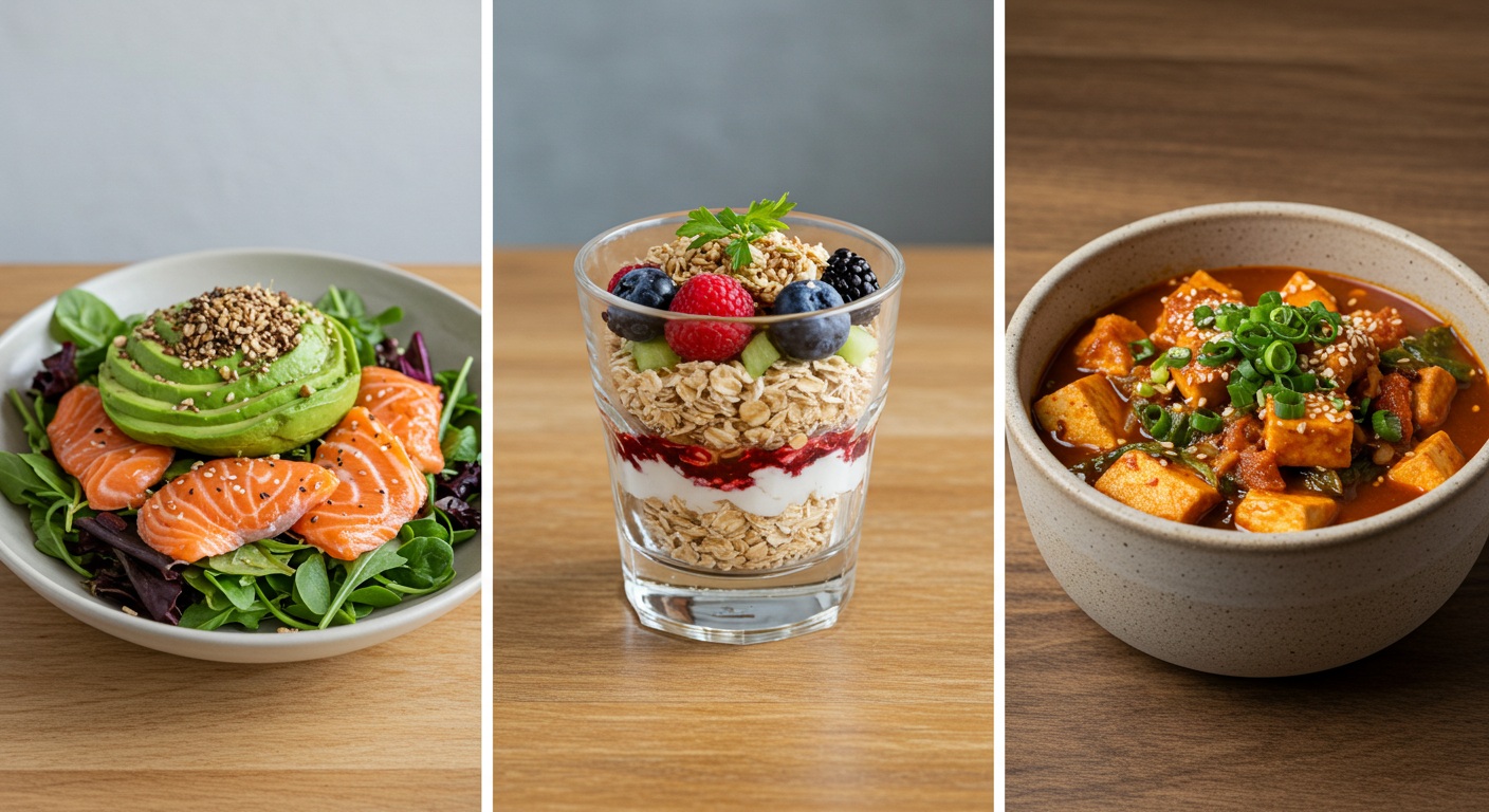 건강한 재료로 만든 아름다운 요리 세 가지가 나란히 배치된 모습