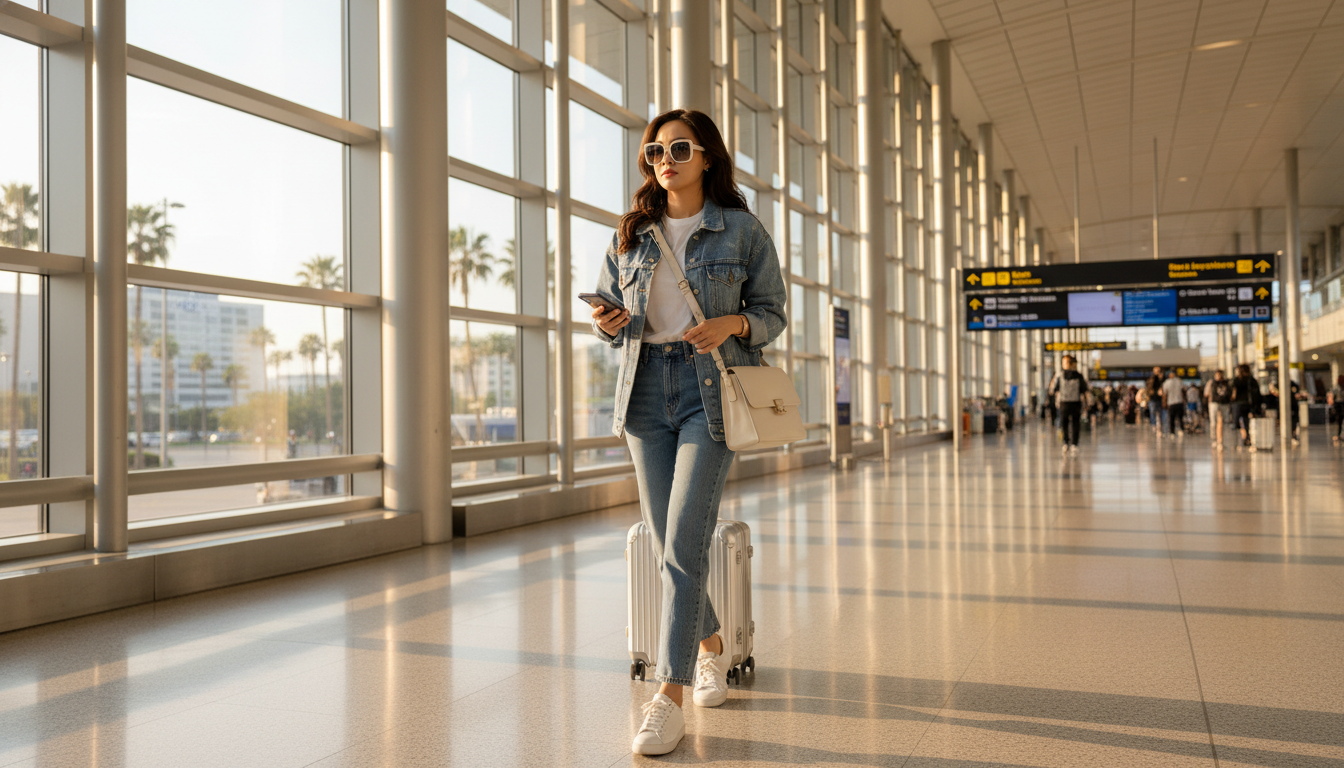 밝은 햇살이 들어오는 공항에서 세련된 연청 데님 재킷과 청바지를 입고 흰색 티셔츠를 매치한 청청패션의 한국 여성