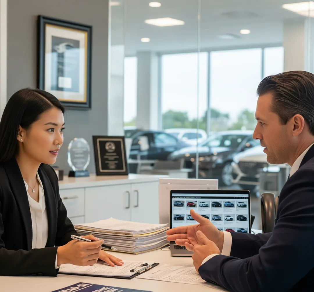 트레이드인 상담을 받고 있는 여성