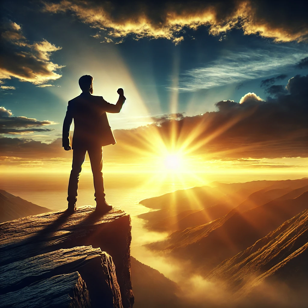 한 사람이 높은 절벽 위에서 해돋이를 바라보며, 굳은 결의로 주먹을 살짝 쥐고 있는 모습입니다. 넓고 장엄한 배경이 신앙과 인내를 상징하며, 계시록 2:25-26의 영적 승리와 충성을 표현하고 있습니다. 이 그림이 마음에 와닿기를 바랍니다! 🙏✨