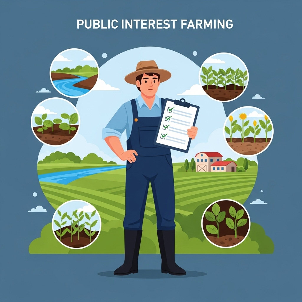 공익직불제 준수사항을 확인하며 농지를 관리하는 농부의 모습. 지속가능한 농업과 직불금 수령을 위한 성실한 노력을 상징합니다.