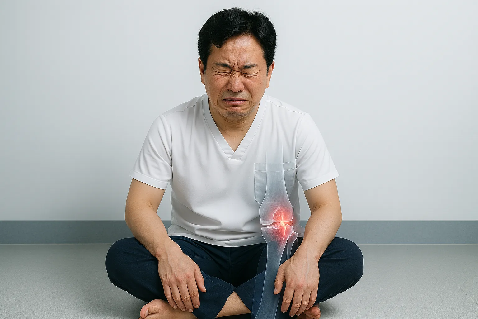 양반다리를 하고 앉아 무릎과 발목의 통증으로 고통스러워하는 남성의 모습