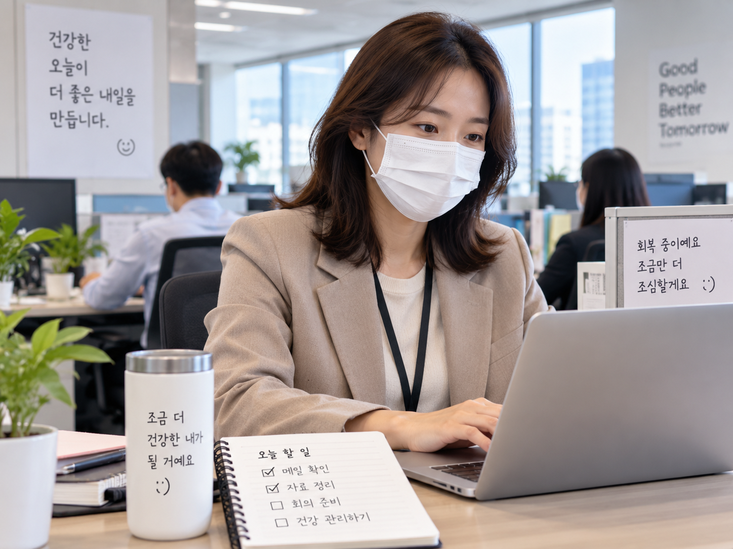 열이 내린 뒤 회사에서 마스크를 착용하고 근무하는 직장인