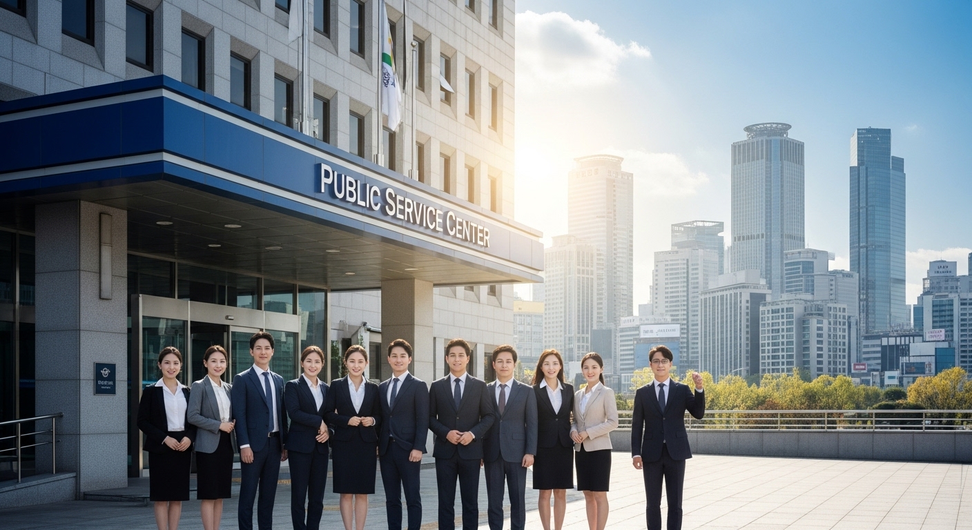 시청앞에 서있는 공무원들