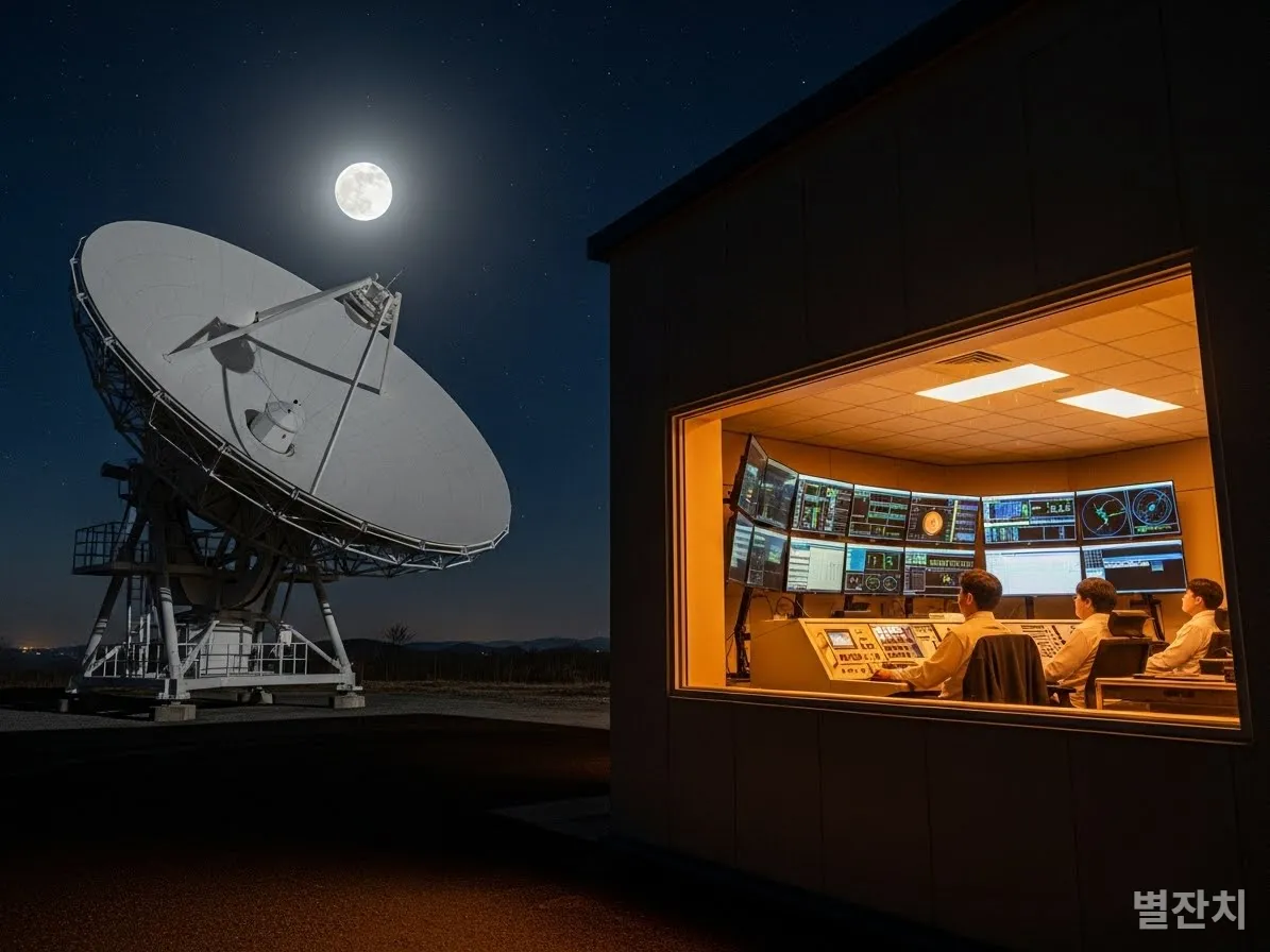 여주 심우주 지상국 안테나와 밤새 데이터를 분석하는 한국 연구원들의 모습