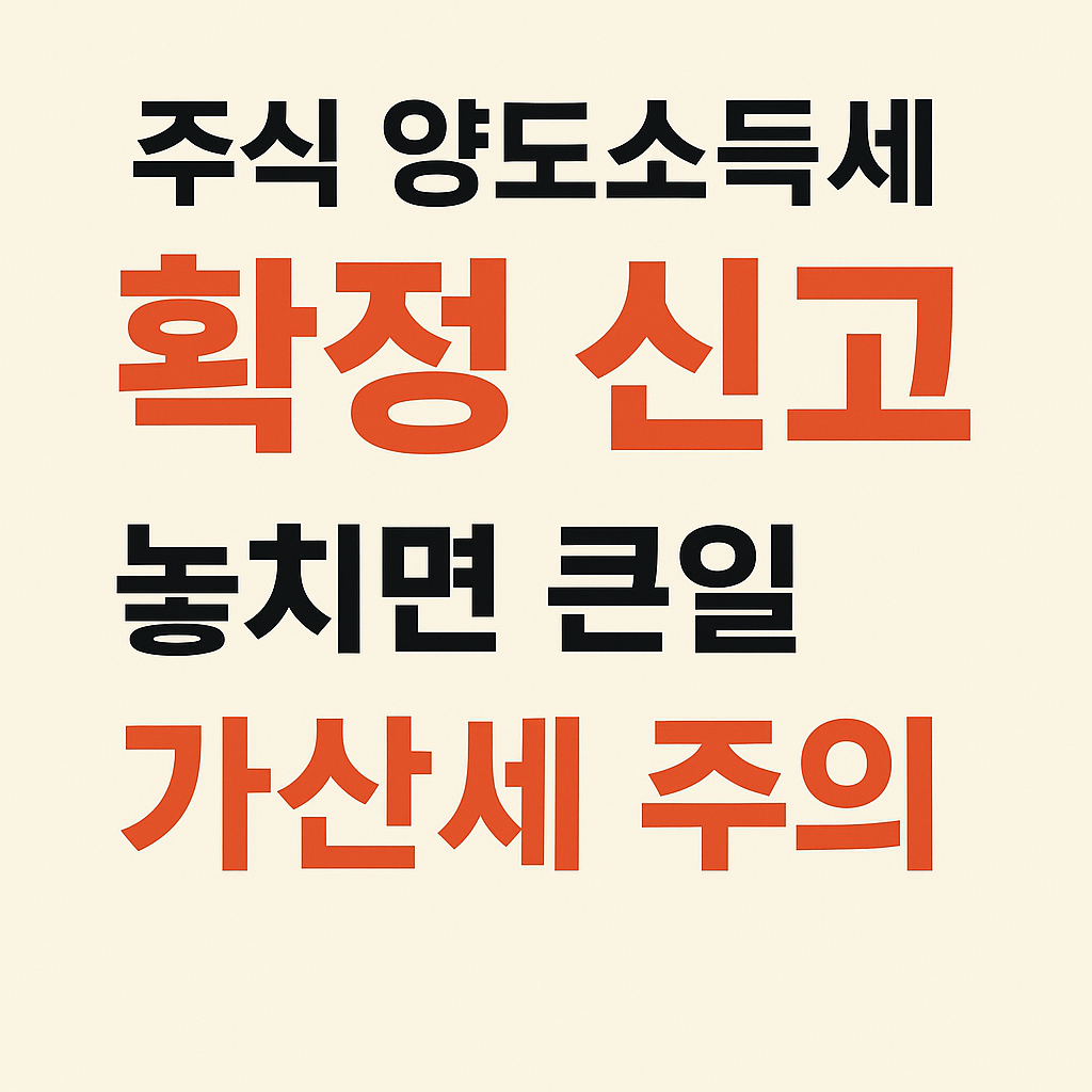 연한 베이지 배경 위에 '주식 양도소득세 확정 신고', '놓치면 큰일', '가산세 주의'라는 문구가 검정과 빨간색으로 강조된 한국어 정보형 썸네일 이미지
