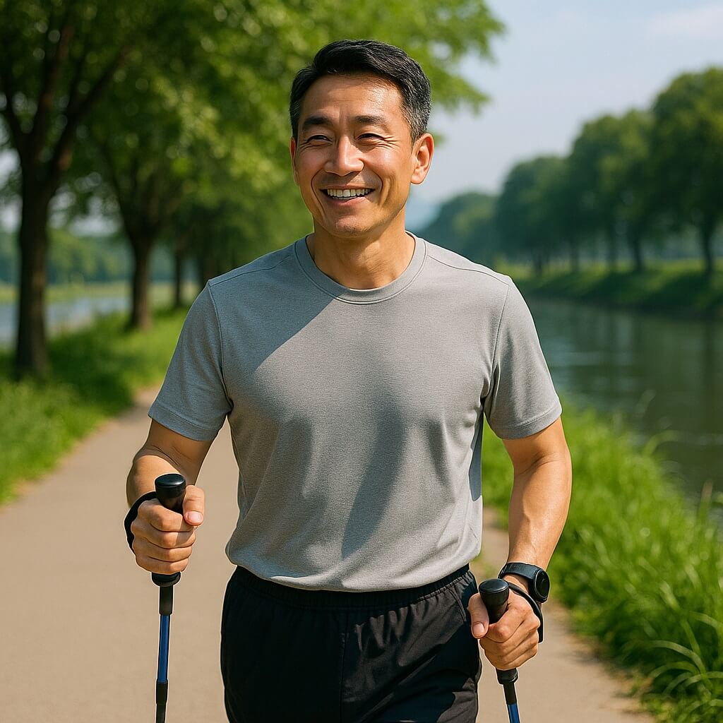 중년 남성이 강변 산책로에서 노르딕워킹을 하며 건강한 라이프스타일을 실천하는 모습