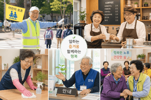 시니어 일자리로 교통안전, 카페, 안내 업무를 하는 어르신들의 모습
