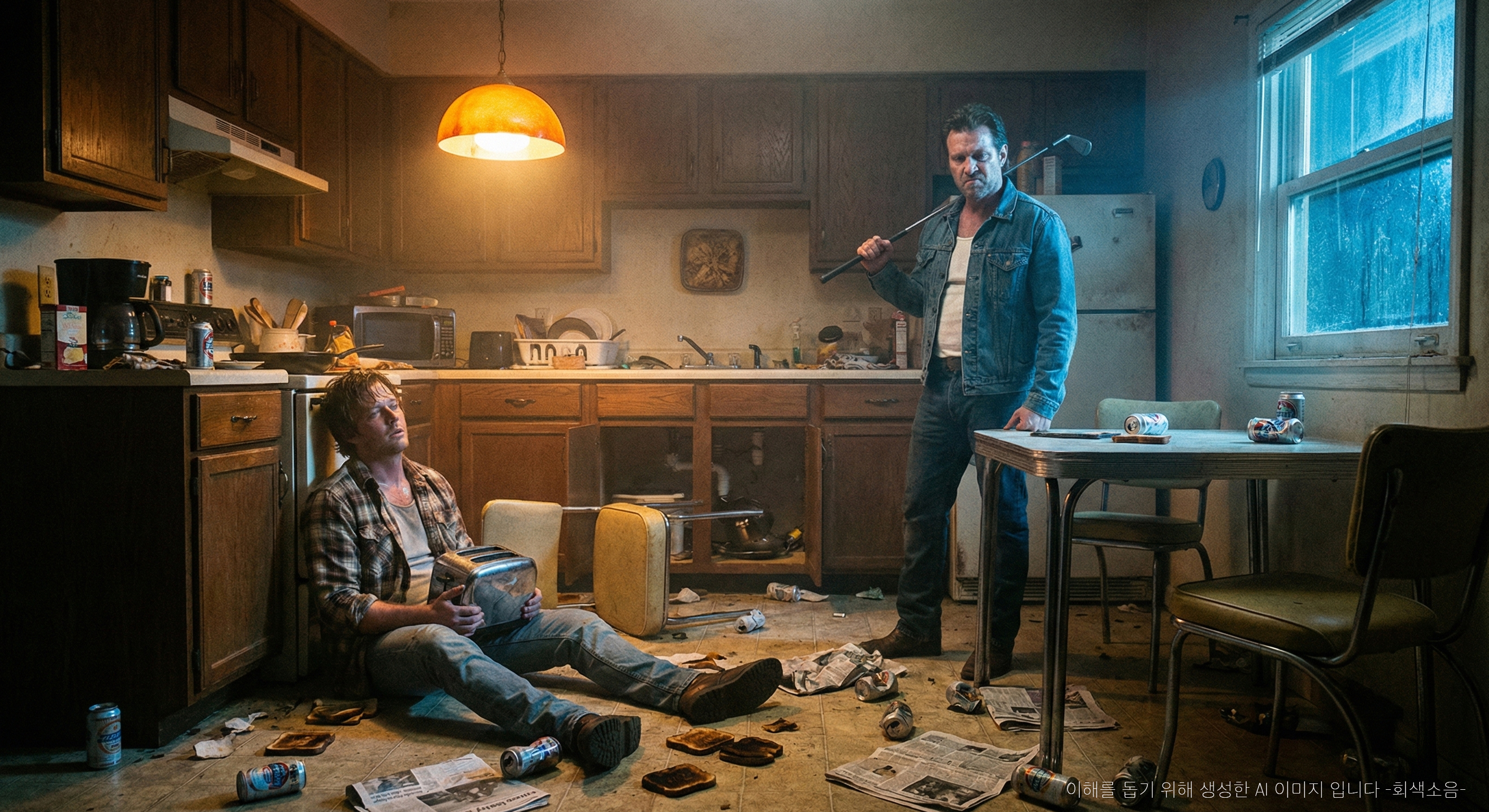 붕괴된 부엌 : 1980년대 미국 주방의 폐허 같은 공간에서 바닥에 주저앉은 남자와 골프채를 든 또 다른 남자가 주황빛 실내등과 차가운 달빛에 얼굴이 갈라진 채 대치하는 혼란스러운 장면.