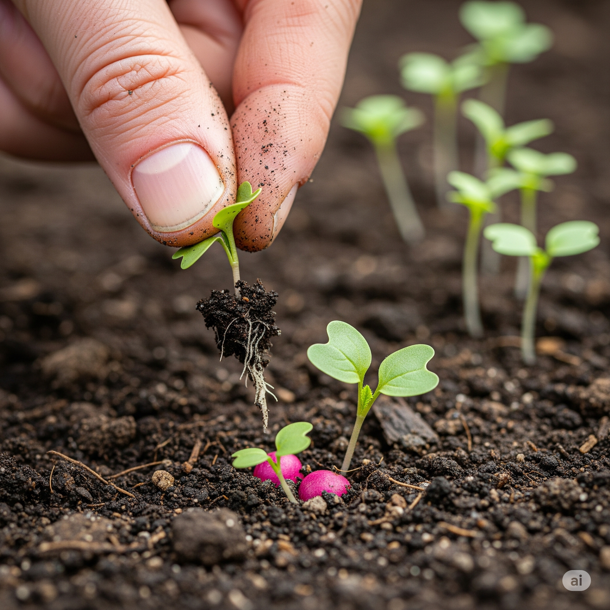 자라나는 어린 무 싹들 사이에서 튼튼한 싹 하나를 남기고 나머지 약한 싹을 뽑아내는 손의 모습