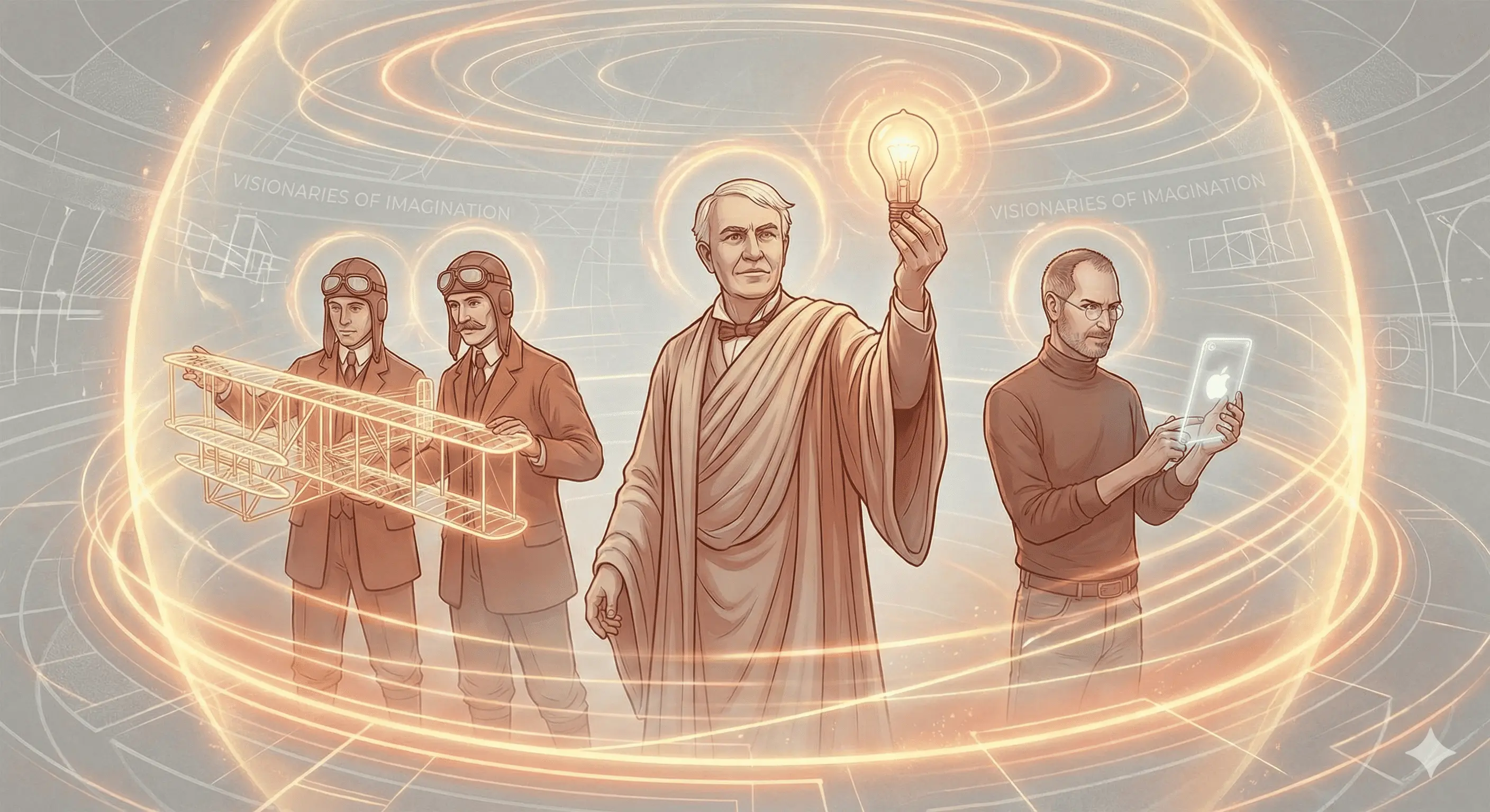 토마스 에디슨, 라이트 형제, 스티브 잡스 등 위대한 발명가들이 상상력으로 자신의 발명품을 창조하는 모습을 표현한 미래지향적인 이미지.