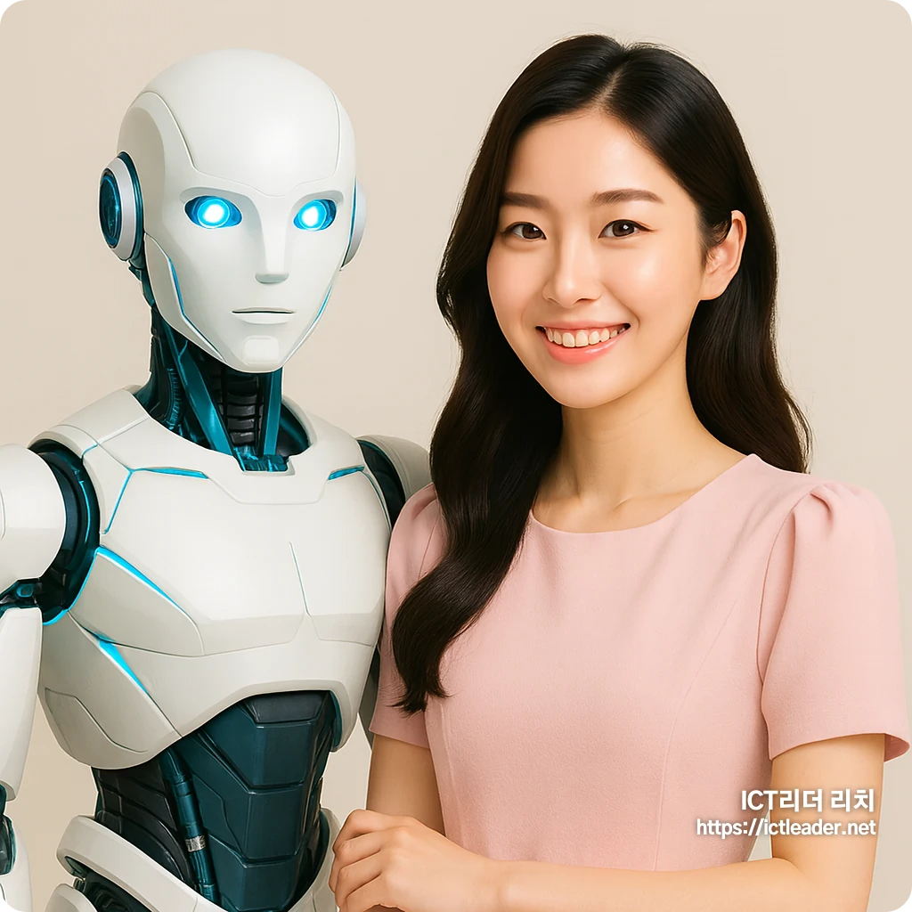 여성스럽고 밝은 의상의 20대 여성 연구원이 최신 휴머노이드 로봇과 나란히 선 모습의 고화질 실사형 썸네일