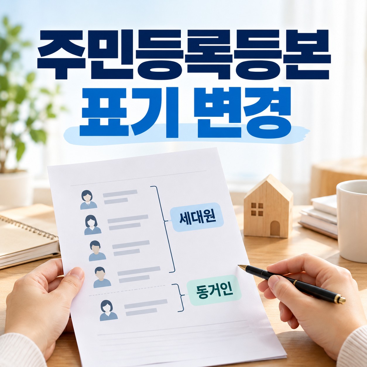 세대원과 동거인 표기를 설명하는 그림 자료를 책상 위에서 살펴보는 모습