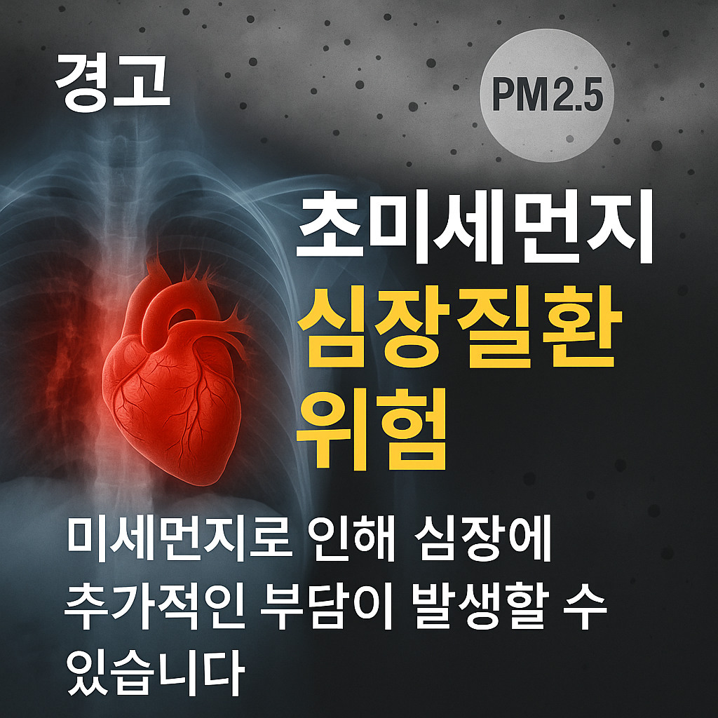 초미세먼지가 심장질환 위험을 높인다는 연구를 강조하는 의료 인포그래픽, 심장 X-ray와 PM2.5 경고 메시지